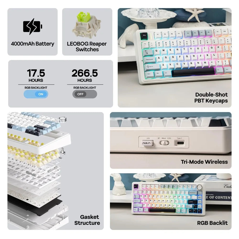 AULA F75 Wireless Mechanical Keyboard Hot Swappable,Pre-lubed Reaper Switches, 2.4GHz/Type-C/BT5.0, RGB Backlit Gaming Keyboards