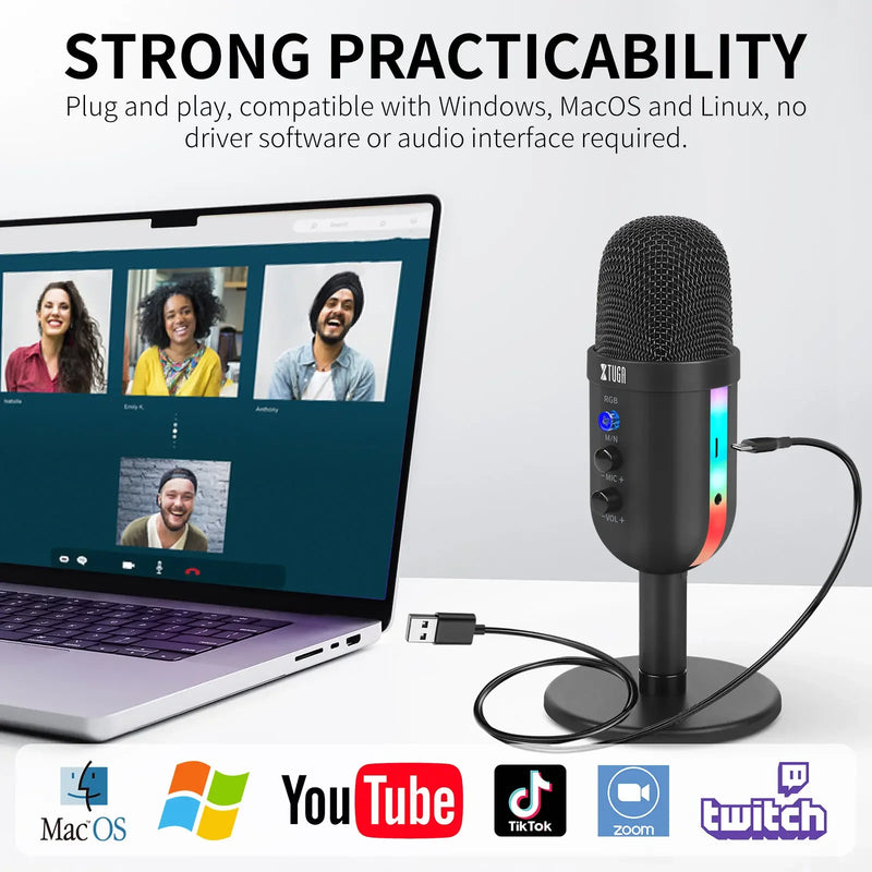 XTUGA MU2000 RGB Mini Condenser Microphone USB Interface Suitable For Gaming Voice Computer Live Streaming Video Conferencing