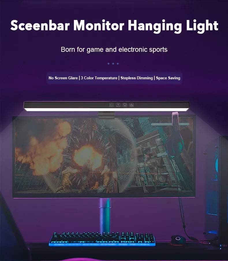 33-60cm Monitor Light Bar PC RGB Background Lighting Eye Protection Dimming Reading/Gaming/Work Lamp Timed Night Light