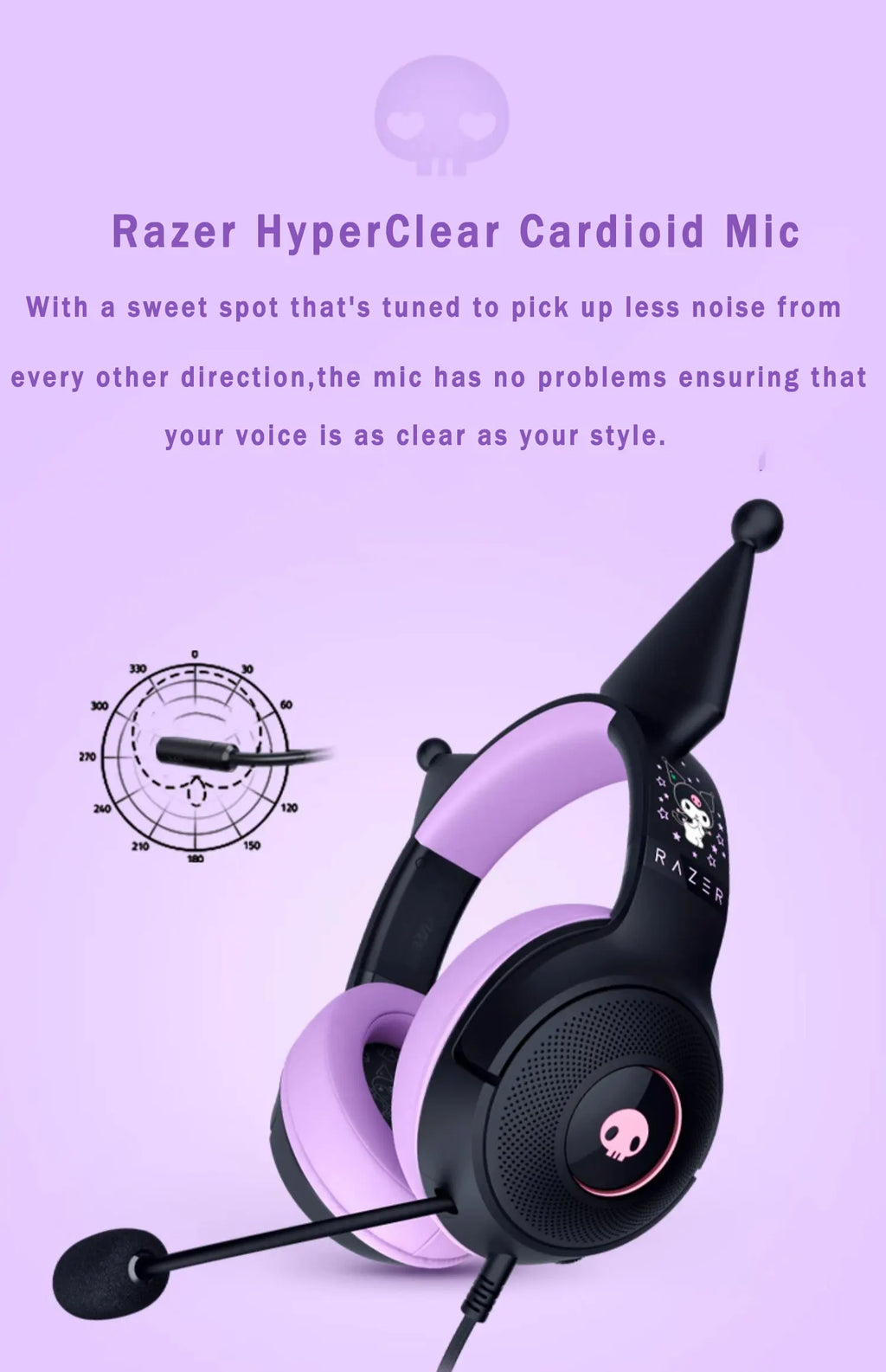 Razer Sanrio Kuromi Edition Kraken V3 X Wired USB Headset with HyperClear Cardioid Microphone and TriForce 40mm Drivers
