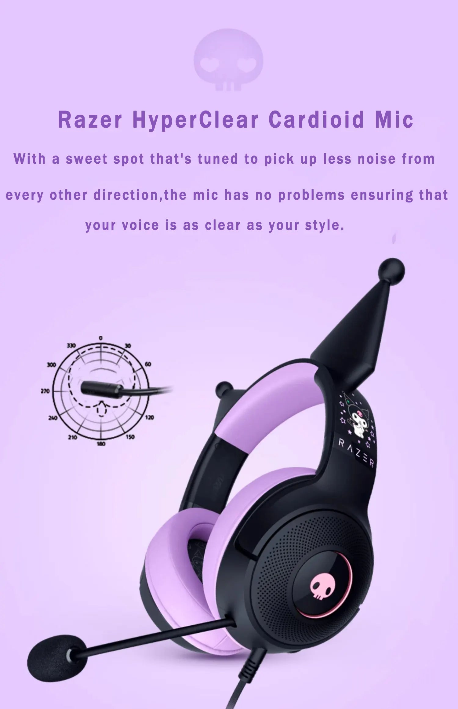 Razer Sanrio Kuromi Edition Kraken V3 X Wired USB Headset with HyperClear Cardioid Microphone and TriForce 40mm Drivers