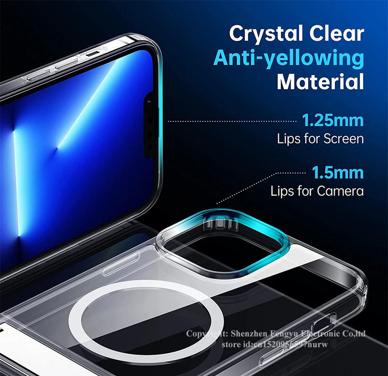 Clear Magnetic Phone Case for iPhone 16 15 14 Pro Max 13 12 11 Mini with Kickstand for MagSafe Wireless Charging Back Cover