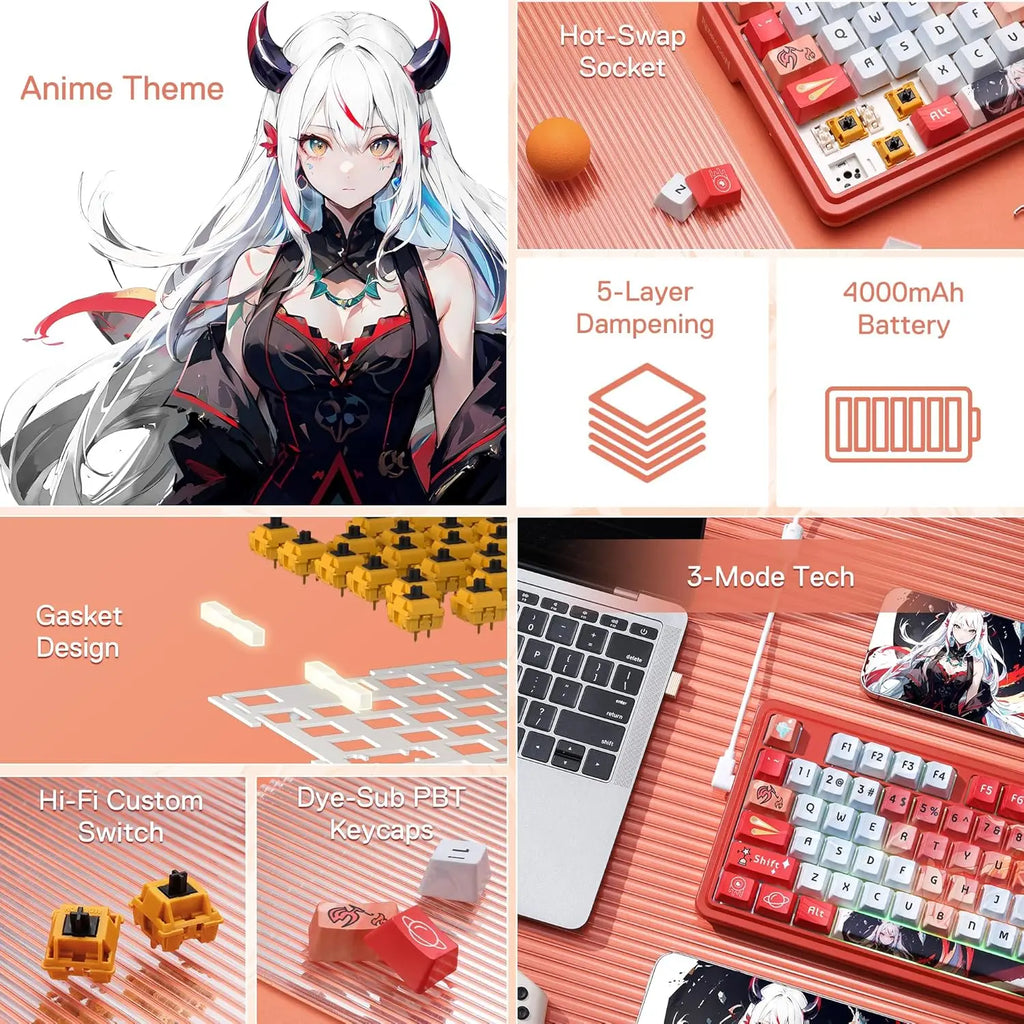 Redragon K673 PRO SE 81 Keys Wireless RGB 3-Mode Anime Mechanical Hot-Swap Socket Gaming Keyboard, Custom Hi-Fi Linear Switch