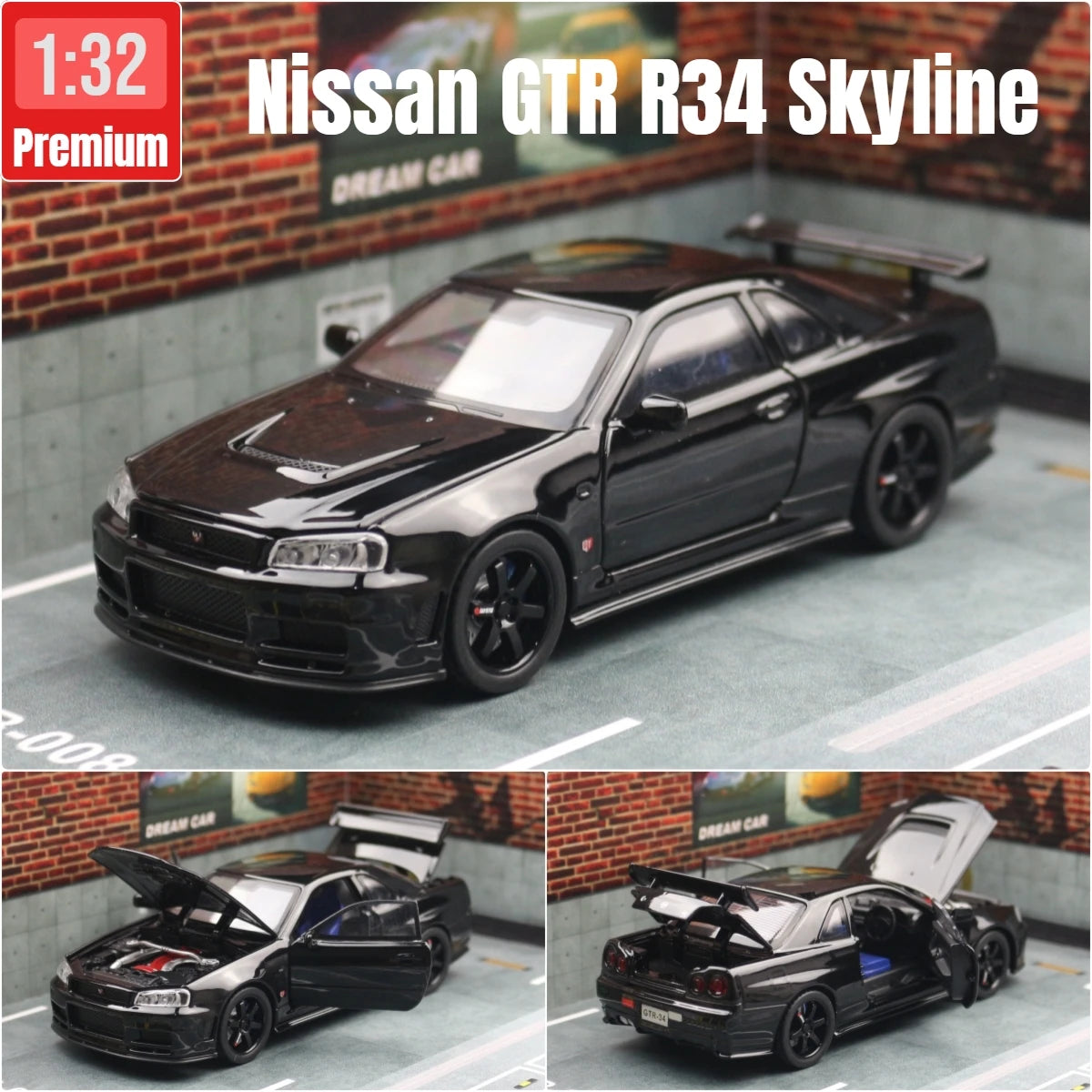 1/32 Nissan Skyline GTR R34 JDM Toy Car Model Diecast Vehicle Miniature Sound & Light Pull Back Collection Gift Children Boy