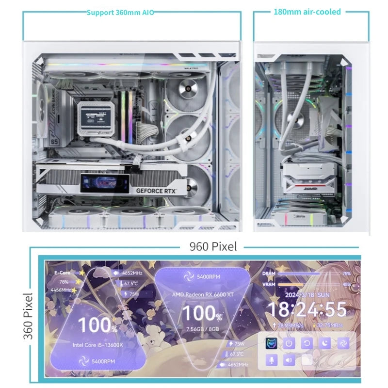 VALKYRIE PC Case VK03 ATX Gaming Desktop 6.2 in Touchscreen Removable 270° Sea View Room Supports 360 Water Cooled Computer Case