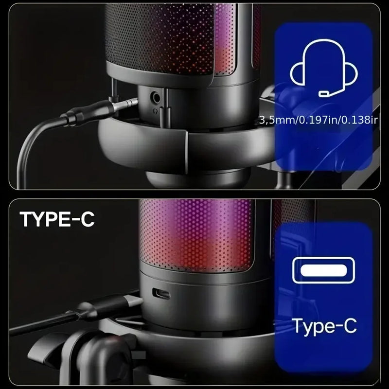 USB Condenser Microphone RGB Esports Game Call Recording Condenser Mic with Metal Boom Stand Desktop Mic for Studio Recording