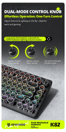 APAYADO K82 Wired Steampunk Mechanical Keyboard 75% Compact 82-Key Hot-Swappable RGB Retro Gaming Keyboard Multifunctional Knob