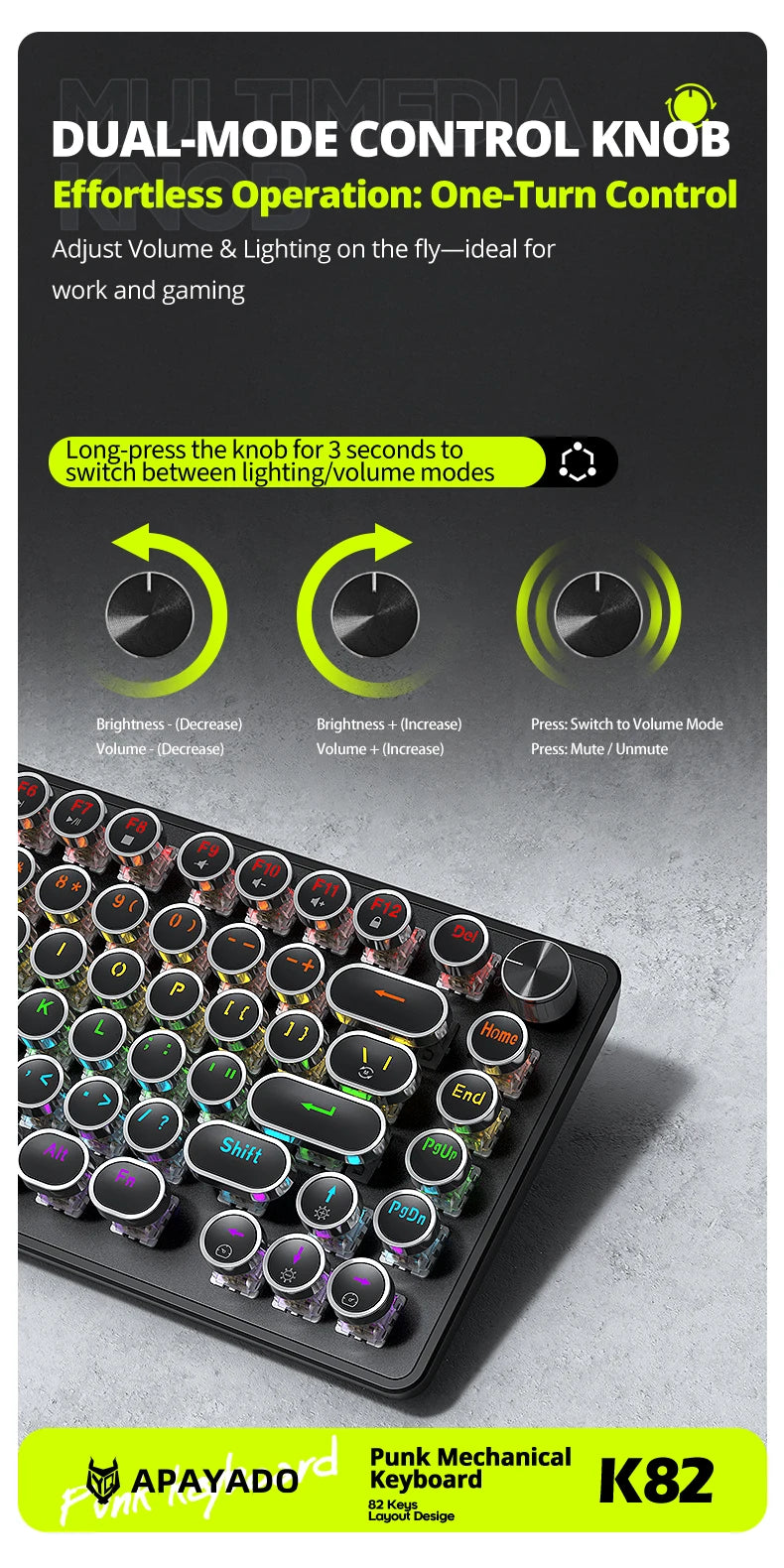 APAYADO K82 Wired Steampunk Mechanical Keyboard 75% Compact 82-Key Hot-Swappable RGB Retro Gaming Keyboard Multifunctional Knob