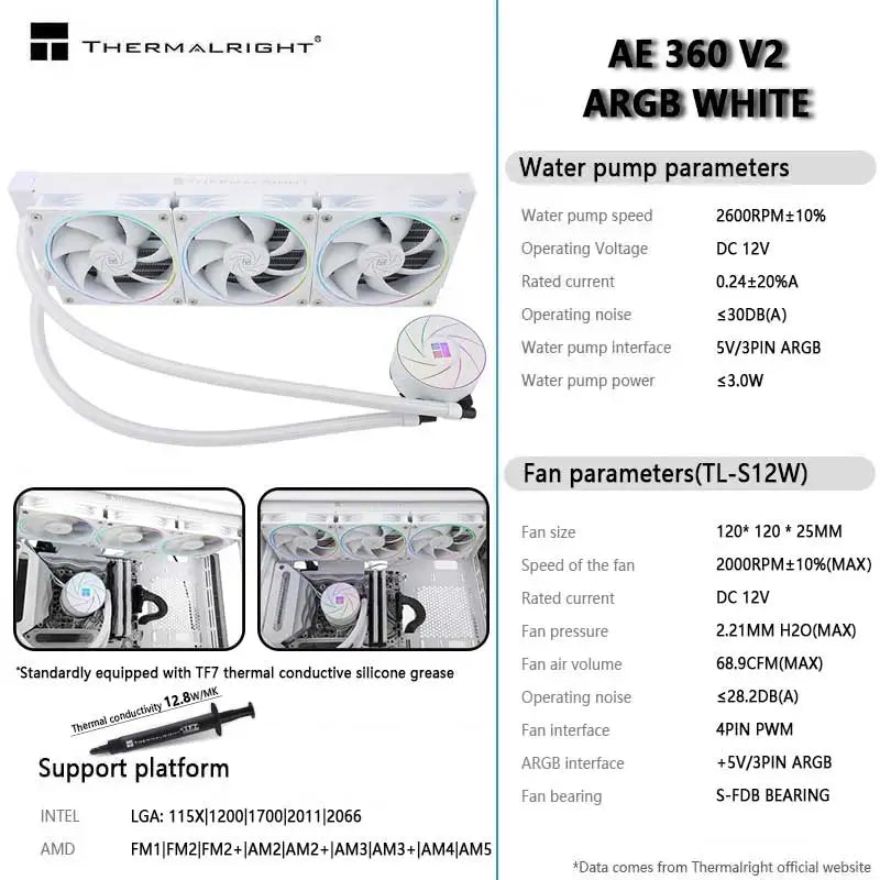 Thermalright AQUA ELITE 360 V2 White ARGB Liquid Cooler 5V 3PIN CPU Fan Integrated Water Cooling Radiator For LGA1700 115x AM5