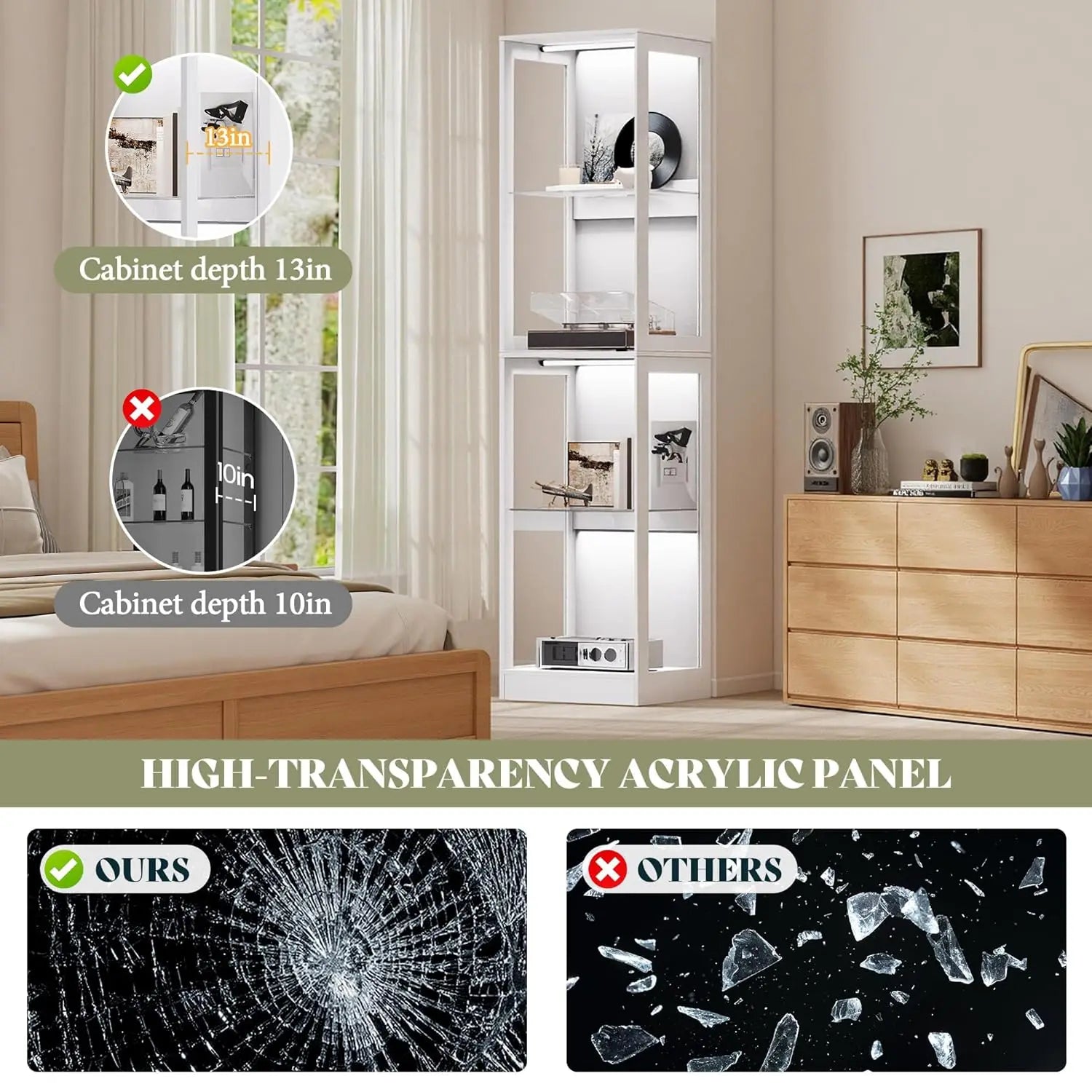 RGB Display Cabinet with Adjustable Shelves, 4-Tier Storage Case with LED Lights, Modern Display Shelf for, Customized