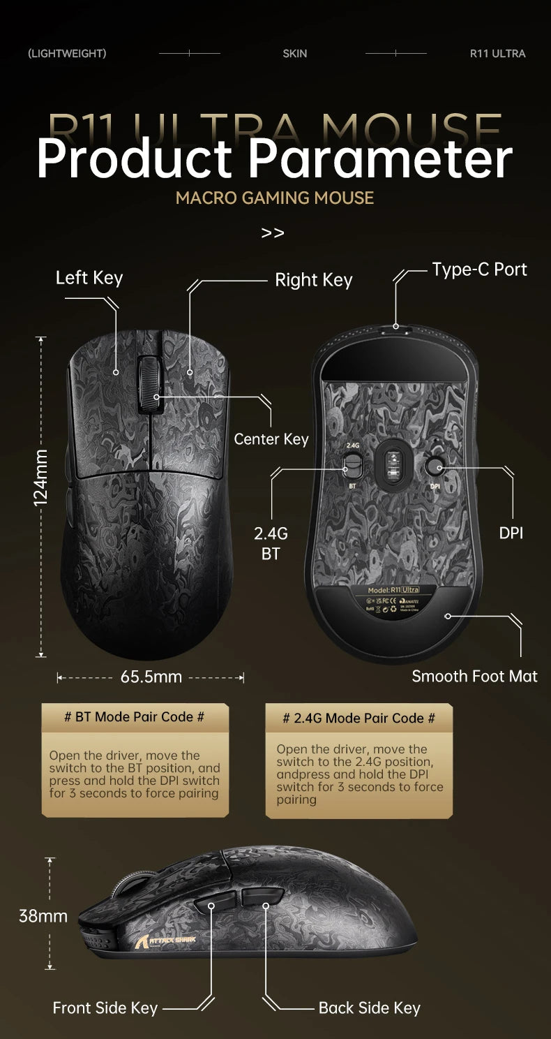 Wireless 8K Attack Shark R11 Ultra Gaming Mouse Carbon Fiber PAW3950MAX Sensor 42000DPI OMRON 100M Switch