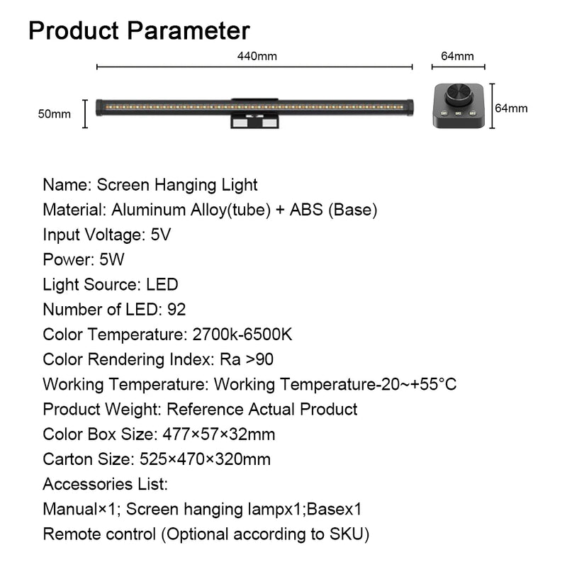Wiscolor Monitor Light Bar Stepless Dimming Gaming Desktop Lighting with Remote Control Eye Protection USB Reading Light 44cm