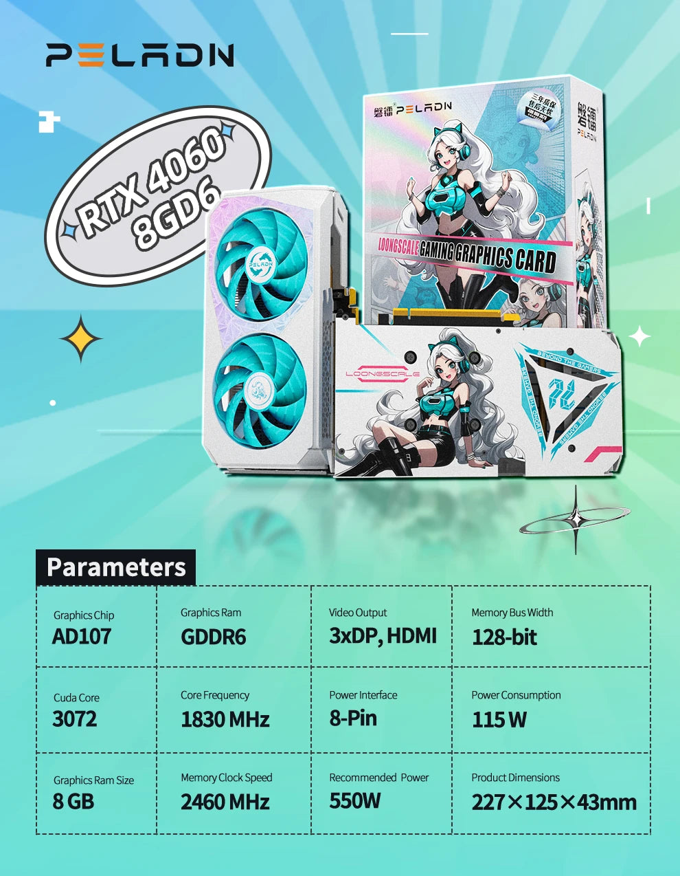 Peladn Best Price Geforce RTX 4060 8GB GDDR6 128-bit 8-pin Video Card RTX4060 Dual Fan Gaming Graphics Card with Back IP Pattern