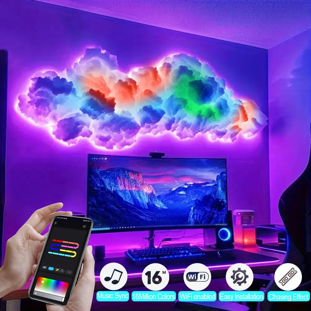 3D Big Cloud Lightning Light 360 Degree Wireless Remote APP Music Sync Multicolor Lightning Smart Cloud Light For Home LED Decor