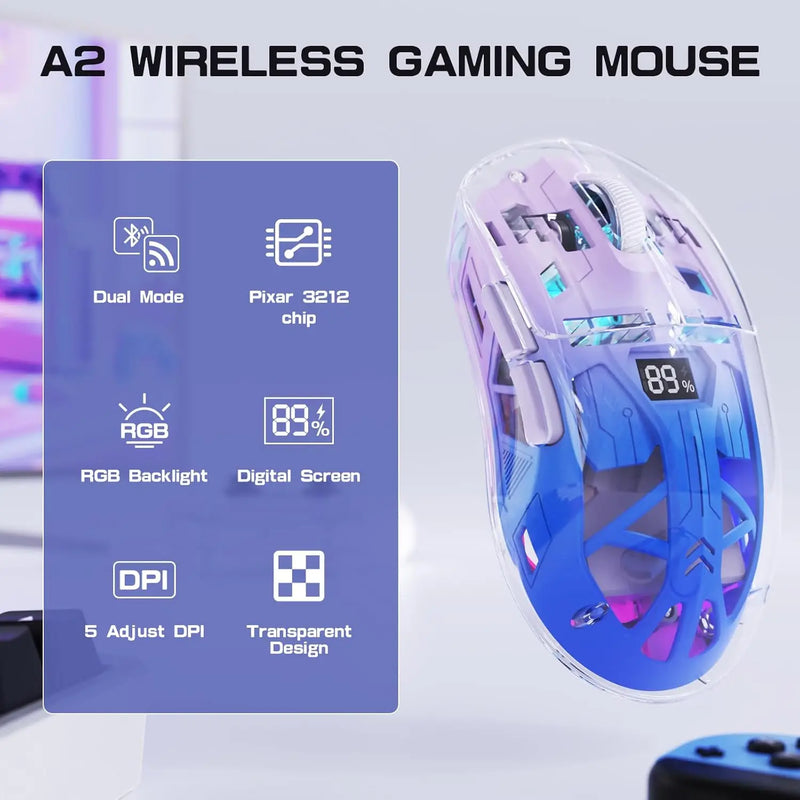 A2 Transparent Wireless Gaming Mouse, BT 5.0/2.4G PC Rechargeable RGB Mice with Digital Screen,PixArt 3212, 5 Adjustable DPI