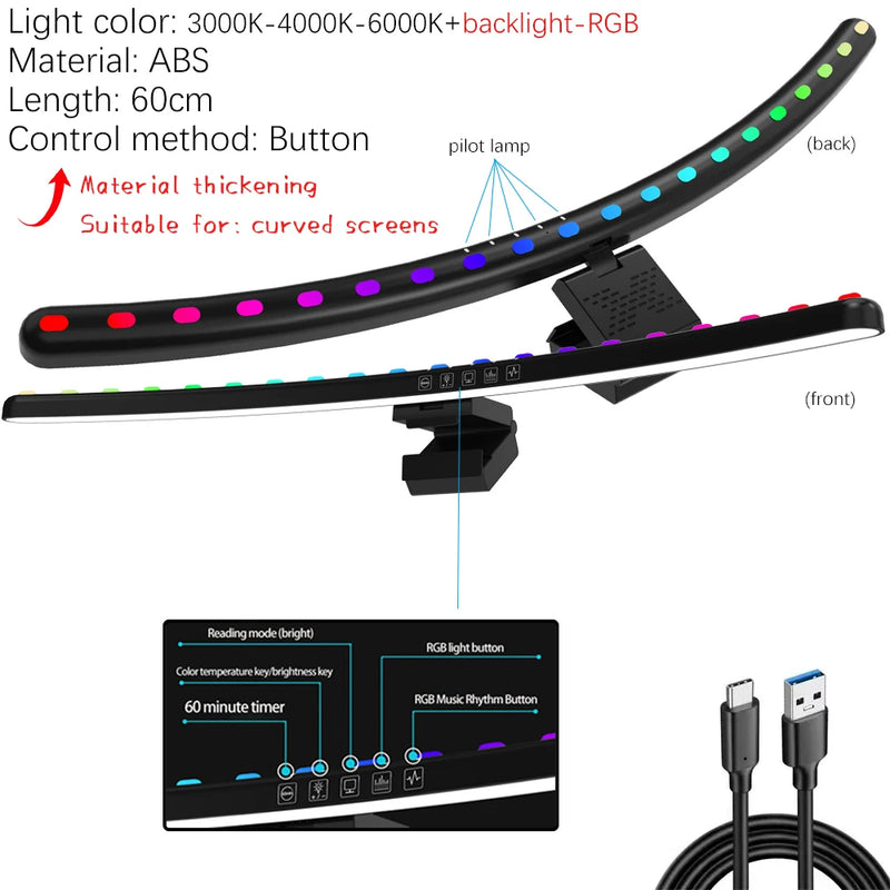 33-60cm Monitor Light Bar PC RGB Background Lighting Eye Protection Dimming Reading/Gaming/Work Lamp Timed Night Light