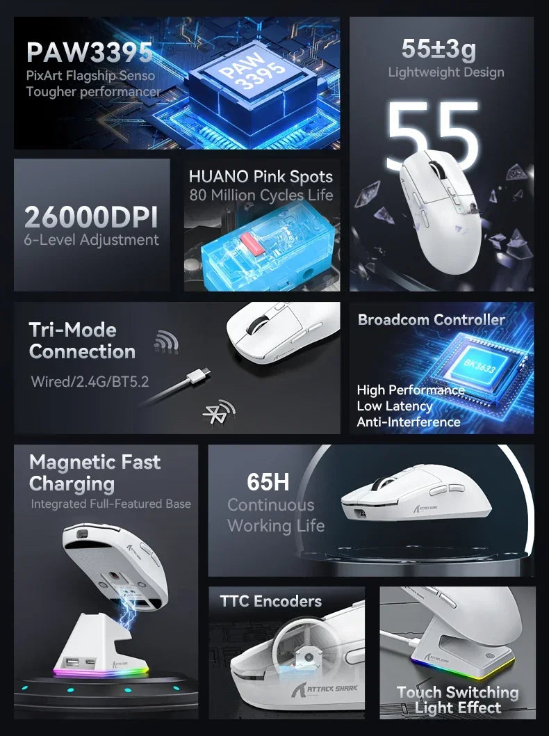 Attack Shark X6 PAW3395 the third mock examination Lightweight Bluetooth Mouse RGB Touch Magnetic Charging Stand DPI26000