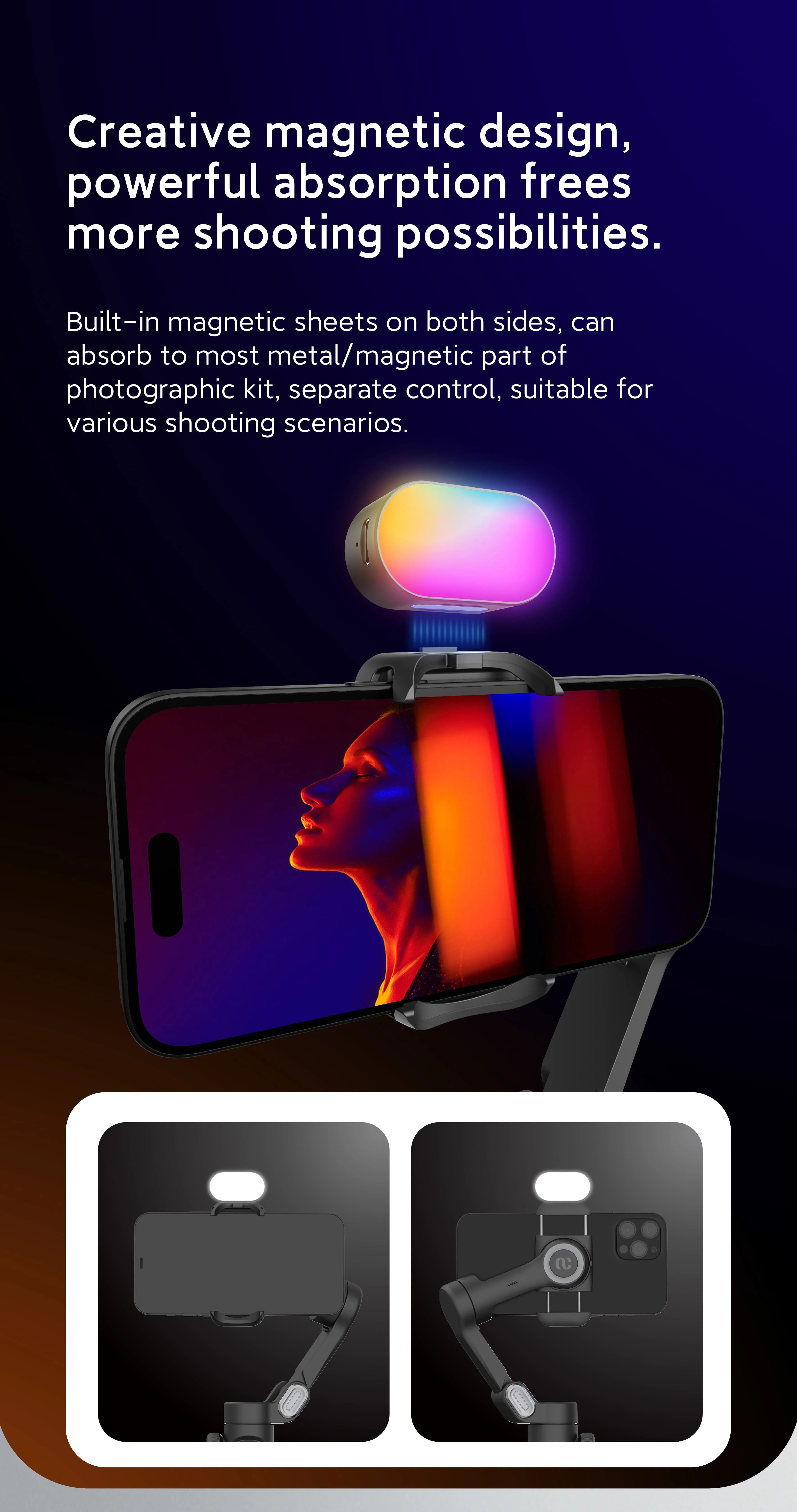 AOCHUAN Mini RGB Magnetic Fill Light 3-stop Brightness 7 Color Adjustment Gimbal LED Video Photography Light for Phone Selfie