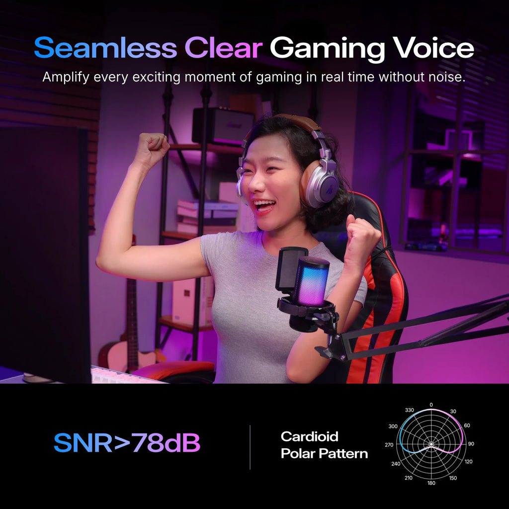 MAONO DGM20S Gaming Microphone USB Condenser Microphone with RGB Light Noise Cancellation Boom Arm for Live Streaming Podcast