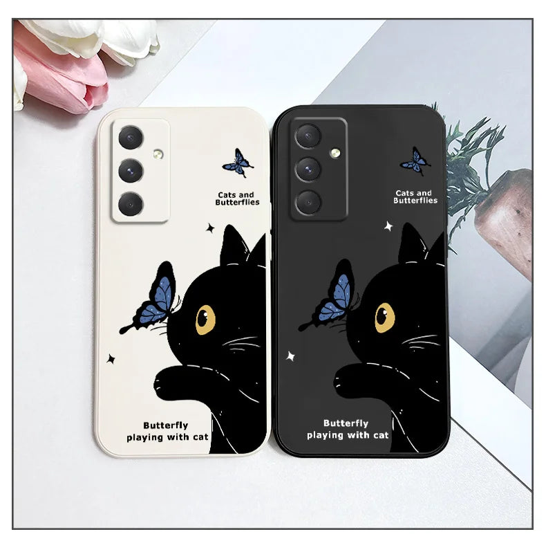 Cat Butterfly Phone Case For Samsung Galaxy A55 A35 A25 A15 A16 A06 A05 A05S A54 A34 A24 A14 A04 A04S A04E 4G 5G Cover