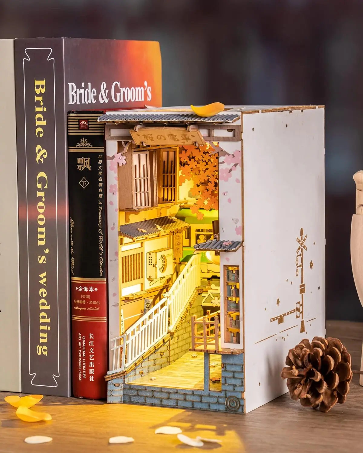 Robotime Sakura Densya Japan Book Nook Kit Glue-Free DIY Miniature House Model Kits  3D Wooden Puzzle Dust Cover Bookshelf Decoration Gift