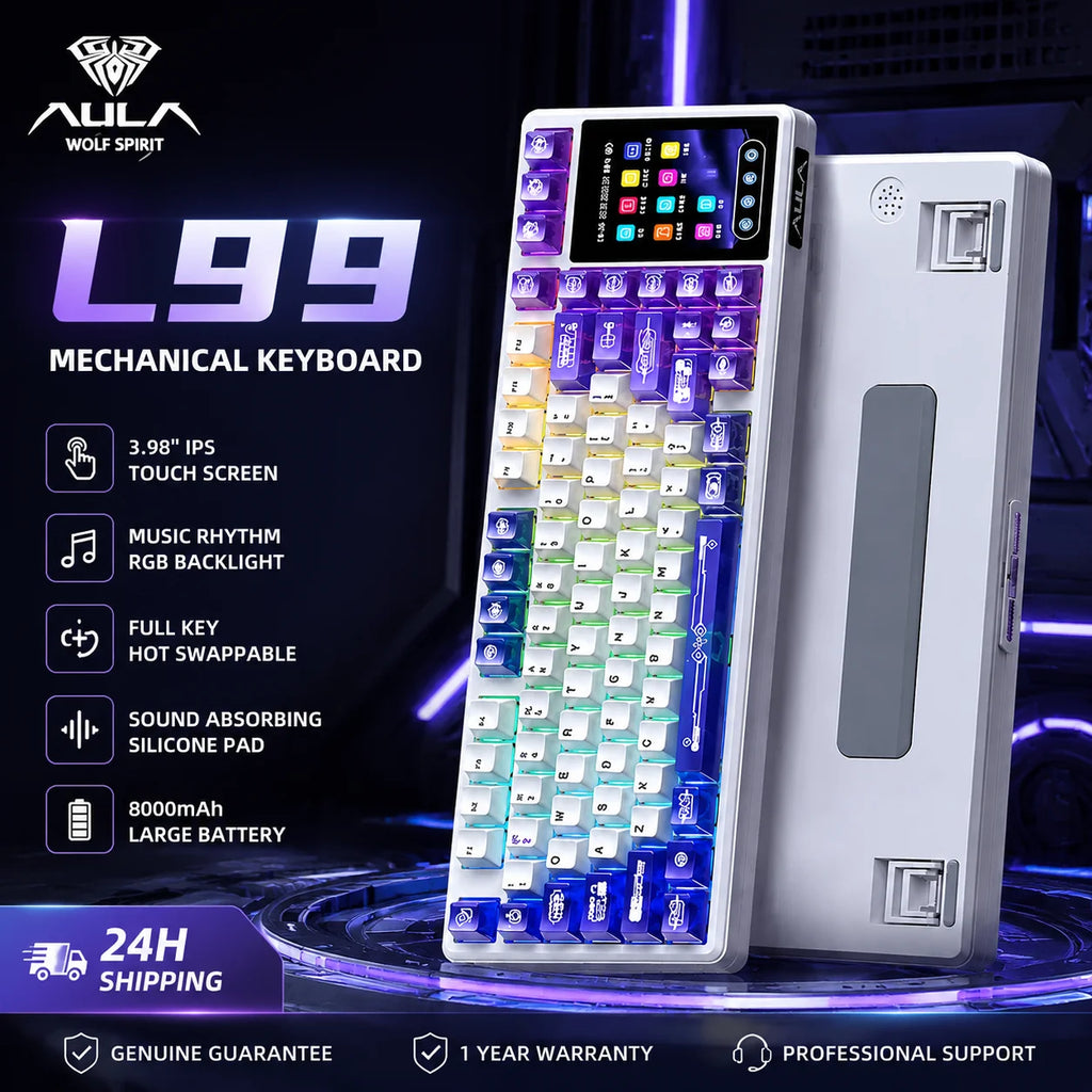 AULA L99 Mechanical Keyboard Intelligent Screen Wireless Bluetooth Gasket Structure Gaming Keyboard RGB  Lighting Night Vision