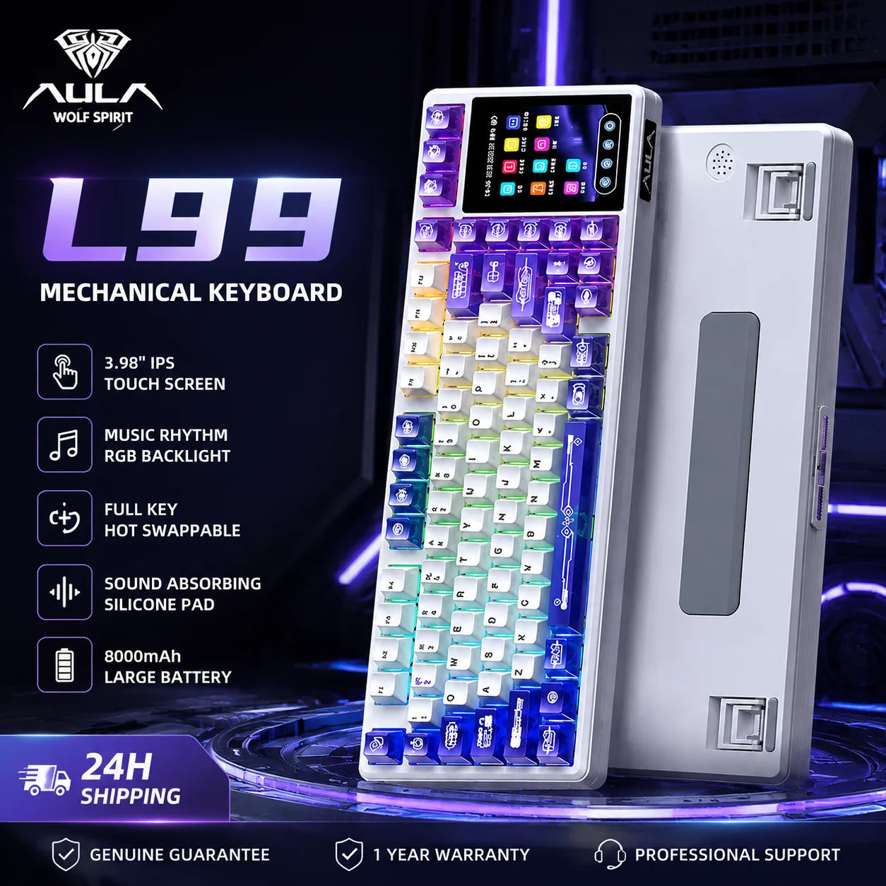 AULA L99 Mechanical Keyboard Intelligent Screen Wireless Bluetooth Gasket Structure Gaming Keyboard RGB  Lighting Night Vision