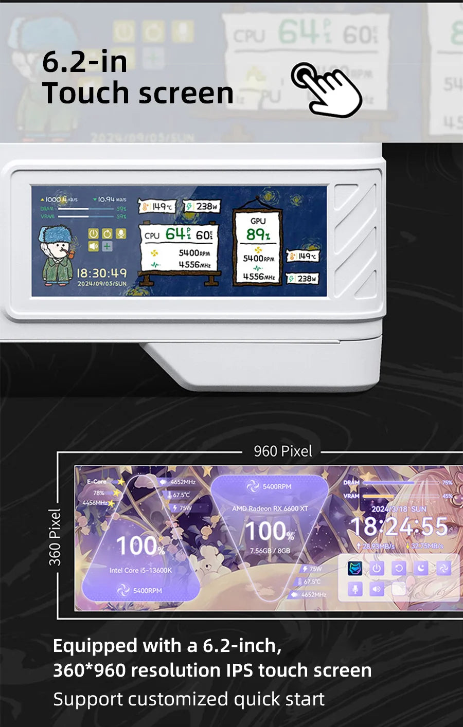 VALKYRIE M-ATX PC Case Gaming Desktop Case VK03-M LCD Supports 360 Water Cooling 6.2-inch Touchscreen Glass 270° Sea View Room