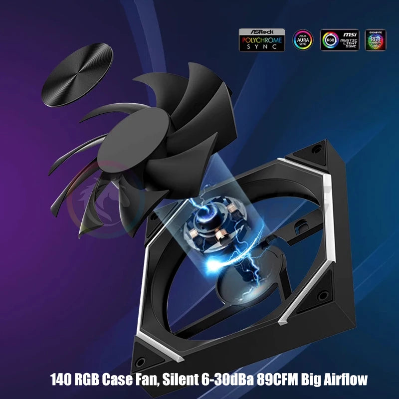 140 RGB Case Fan, 14025 Silent 6-30dBa 89CFM Big Airflow, 14CM Cabinet Cooler Support 5V ARGB SYNC, Forward Or Reverse Blades