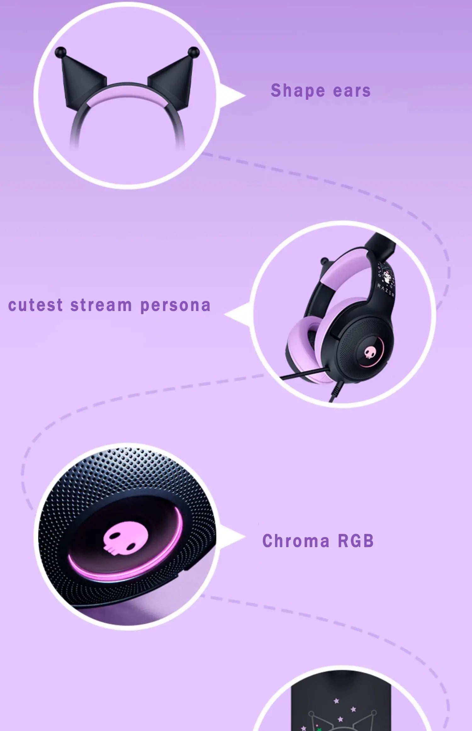 Razer Sanrio Kuromi Edition Kraken V3 X Wired USB Headset with HyperClear Cardioid Microphone and TriForce 40mm Drivers