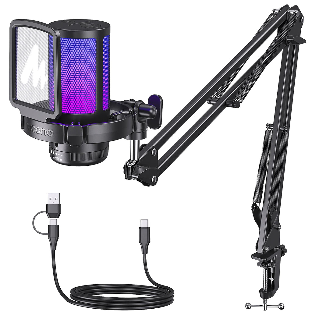 MAONO DGM20S Gaming Microphone USB Condenser Microphone with RGB Light Noise Cancellation Boom Arm for Live Streaming Podcast