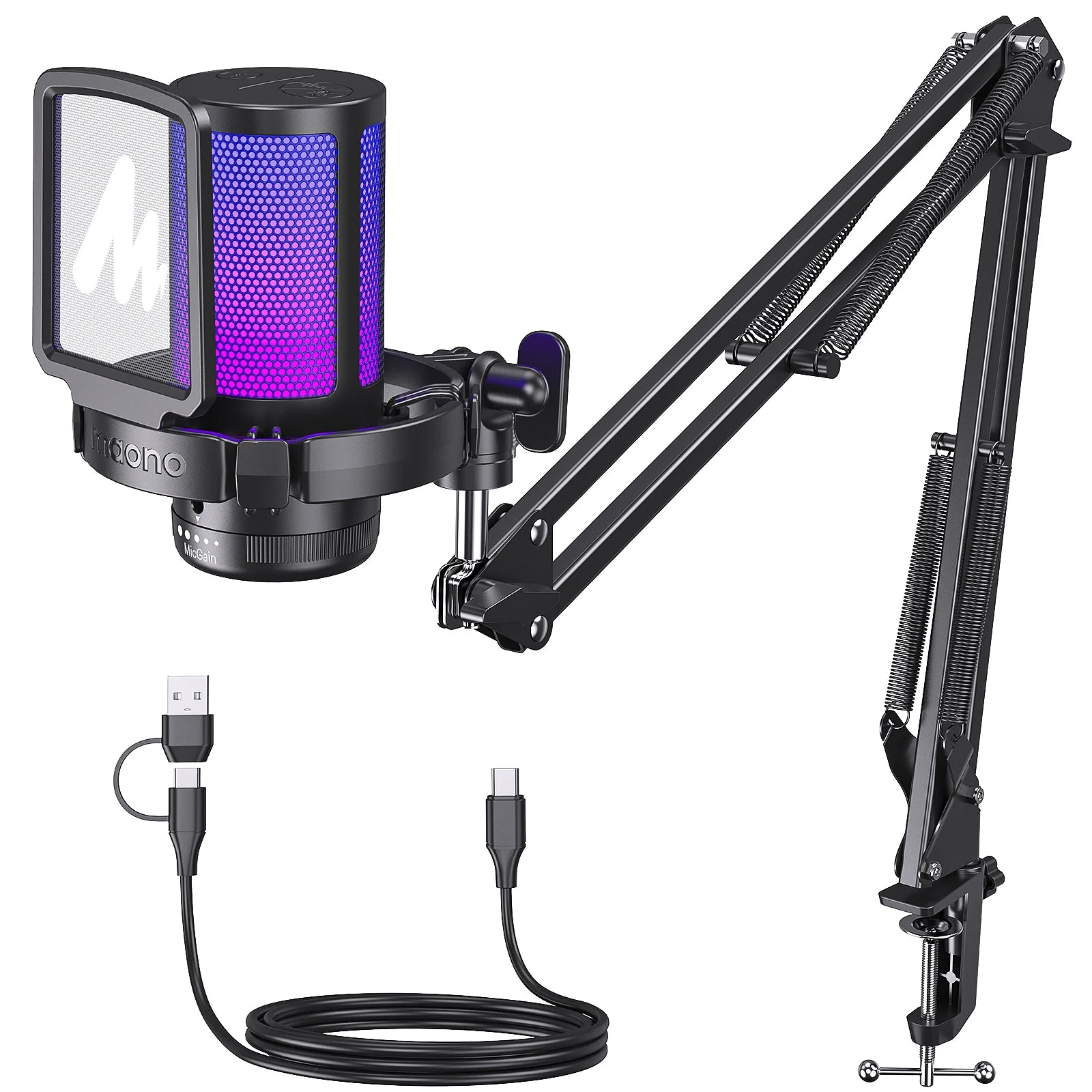 MAONO DGM20S Gaming Microphone USB Condenser Microphone with RGB Light Noise Cancellation Boom Arm for Live Streaming Podcast