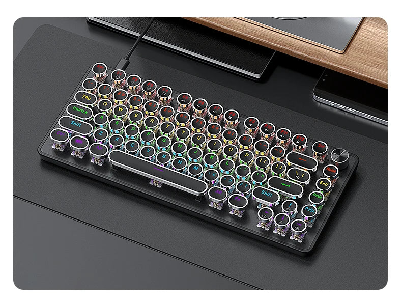APAYADO K82 Wired Steampunk Mechanical Keyboard 75% Compact 82-Key Hot-Swappable RGB Retro Gaming Keyboard Multifunctional Knob